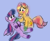 Size: 946x773 | Tagged: safe, artist:zoeyhorse, sunset shimmer, twilight sparkle, alicorn, pony, unicorn, g4, blue background, blushing, doodle, duo, duo female, female, horn, lesbian, looking at each other, looking at someone, mare, no iris, ship:sunsetsparkle, shipping, simple background, smiling, smiling at each other, twilight sparkle (alicorn)