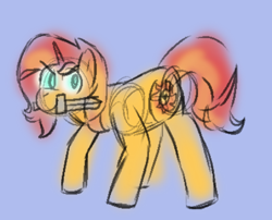 Size: 730x590 | Tagged: safe, artist:zoeyhorse, sunset shimmer, pony, unicorn, g4, blue background, doodle, female, furrowed brow, horn, mare, mouth hold, simple background, solo, sword, weapon