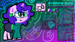 Size: 3840x2160 | Tagged: safe, artist:endercatcore, oc, oc only, oc:artshine aura, pony, unicorn, abstract background, glasses, gradient background, horn, ponysona, reference sheet, solo