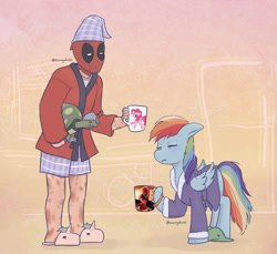 Size: 1824x1668 | Tagged: safe, artist:starryducks, pinkie pie, rainbow dash, tank, human, pegasus, pony, tortoise, g4, bathrobe, clothes, coffee mug, crossover, dashie slippers, deadpool, eyes closed, female, hat, holding a tortoise, hoof hold, human male, male, mare, marvel, mug, nightcap, onomatopoeia, robe, signature, sleepy, slippers, sound effects, spider-man, tank slippers, themed slippers, trio, wade wilson, zzz