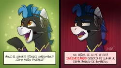 Size: 2048x1153 | Tagged: safe, artist:helmie-art, edit, oc, oc:whirlwind flux, pegasus, pony, customer service, funny, gradient background, happy face, headphones, male, raised hoof, shadowbolts, shadowbolts uniform, shrunken pupils, spanish, stallion, text edit, translation, translator:moonlight shadows