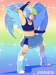 Size: 1080x1440 | Tagged: safe, artist:easysneezy, rainbow dash, human, g4, clothes, converse, gradient background, hatsune miku, humanized, looking at you, pigtails, rainbow background, shoes, skirt, smiling, smiling at you, socks, solo, sports bra, twintails, vocaloid, winged humanization, wings