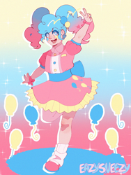 Size: 1080x1440 | Tagged: safe, artist:easysneezy, pinkie pie, human, g4, clothes, gradient background, hatsune miku, humanized, looking at you, pigtails, shoes, skirt, smiling, smiling at you, socks, solo, twintails, vocaloid, waitress