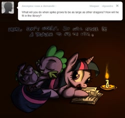 Size: 1276x1204 | Tagged: safe, artist:skutchi, part of a set, spike, twilight sparkle, dragon, pony, unicorn, g4, arm behind head, book, candle, cute, dialogue, duo, duo male and female, eyes closed, female, looking at you, lying down, lying on top of someone, male, mama twilight, on back, open mouth, open smile, prone, sleeping, smiling, spikabetes, tumblr, unicorn twilight, wingless spike