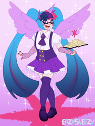 Size: 900x1200 | Tagged: safe, artist:easysneezy, twilight sparkle, human, g4, book, clothes, gradient background, hatsune miku, horn, horned humanization, humanized, looking at you, pigtails, shoes, skirt, smiling, smiling at you, socks, solo, twintails, vocaloid, winged humanization, wings