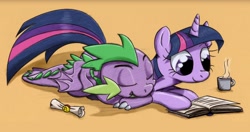 Size: 1276x672 | Tagged: safe, artist:skutchi, part of a set, spike, twilight sparkle, dragon, pony, unicorn, g4, book, duo, duo male and female, female, lying down, male, mug, older, orange background, prone, reading, scroll, simple background, sleeping, smiling, unicorn twilight