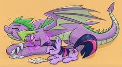 Size: 1278x710 | Tagged: safe, artist:skutchi, part of a set, spike, twilight sparkle, dragon, pony, unicorn, g4, cute, duo, duo male and female, eyes closed, female, levitation, lying down, magic, male, mama twilight, older, older spike, open mouth, open smile, orange background, prone, quill, scroll, simple background, smiling, spikabetes, teenage spike, teenaged dragon, teenager, telekinesis, tickling, twiabetes, unicorn twilight, winged spike, wings