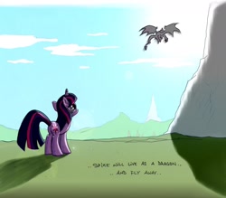 Size: 1276x1120 | Tagged: safe, artist:skutchi, part of a set, spike, twilight sparkle, dragon, pony, unicorn, g4, adult, adult spike, crying, dialogue, duo, duo male and female, feels, female, flying, flying away, goodbye, looking at someone, male, mama twilight, older, older spike, sad, unicorn twilight, winged spike, wings