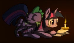 Size: 1276x744 | Tagged: safe, artist:skutchi, part of a set, spike, twilight sparkle, dragon, pony, unicorn, g4, arm behind head, book, candle, crying, cute, duo, duo male and female, eyes closed, female, horn, lying down, lying on top of someone, male, mama twilight, on back, prone, sleeping, smiling, spikabetes, unicorn twilight, wingless spike