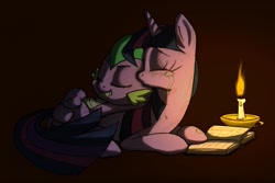 Size: 1279x853 | Tagged: safe, artist:skutchi, part of a set, spike, twilight sparkle, dragon, pony, unicorn, g4, arm behind head, book, candle, cheek kiss, crying, cute, duo, duo male and female, eyes closed, female, horn, kissing, lying down, lying on top of someone, male, mama twilight, on back, prone, sleeping, smiling, spikabetes, unicorn twilight, wingless spike