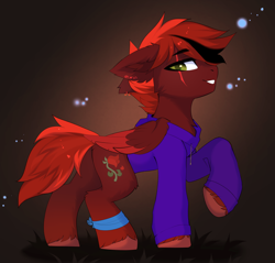 Size: 4310x4123 | Tagged: safe, alternate character, alternate version, artist:empress-twilight, oc, oc only, oc:zom rosefall, pegasus, pony, bandage, cheek fluff, clothes, colored hooves, colored wings, commission, ear fluff, ear piercing, earring, eye scar, facial markings, facial scar, folded wings, hoodie, hooves, jewelry, looking at you, male, male oc, multicolored hair, multicolored mane, multicolored tail, pegasus oc, piercing, pony oc, profile, raised hoof, red coat, red mane, red tail, scar, side view, simple background, smiling, smiling at you, smug, solo, stallion, stallion oc, standing, tail, two toned wings, wings, ych result, yellow eyes