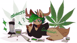 Size: 1920x1080 | Tagged: safe, artist:emoboy130, oc, oc only, oc:tw3lv3, deer, :3, abstract background, antlers, black hoodie, blunt, bong, brown fur, brown hooves, brown tail, chest fluff, choker, clothes, colored antlers, colored hooves, colored pinnae, commission, deer oc, doe, drugs, ear fluff, ear piercing, earring, eye clipping through hair, eyelashes, female, green eyes, green hair, green text, grinder, hoodie, hoof hold, hooves, jewelry, lying down, marijuana, non-pony oc, outline, piercing, question mark, raised hooves, shiny hooves, simple background, sitting, smiling, solo, spiky hair, sticker, tail, tail markings, tall ears, text, three quarter view, watermark, white background