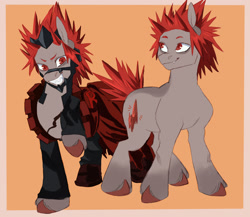 Size: 1500x1300 | Tagged: safe, artist:abbytabbys, part of a set, earth pony, pony, anime, boots, border, brown hooves, cape, clothes, coat markings, colored ears, colored eyebrows, colored pupils, costume, duality, eijirou kirishima, eye markings, helmet, hoof boots, leg markings, looking back, looking up, male, my hero academia, orange background, oversized clothes, pants, passepartout, ponified, quirked pony, raised hoof, red eyes, red mane, red tail, requested art, sash, sharp teeth, shoes, shoulder pads, simple background, smiling, socks (coat markings), solo, spiky mane, spiky tail, standing, standing on three hooves, superhero costume, tail, tall ears, tan coat, teenager, teeth, three quarter view, torn clothes