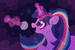 Size: 2969x2000 | Tagged: safe, artist:skysorbett, twilight sparkle, alicorn, pony, rainbow rocks 10th anniversary, equestria girls, g4, my little pony equestria girls: rainbow rocks, abstract background, female, glowing, glowing horn, horn, magic, magic aura, mare, microphone, singing, solo, telekinesis, twilight sparkle (alicorn)