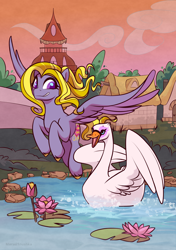 Size: 1748x2480 | Tagged: safe, artist:marsel1nushka, lily blossom, bird, pegasus, pony, swan, g4, brushables zine, colored hooves, colored pupils, female, flower, flying, hooves, lilypad, looking at each other, looking at someone, mare, pond, ponyville, ponyville town hall, purple pupils, solo, unshorn fetlocks, water, zine art