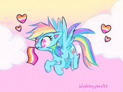 Size: 1241x931 | Tagged: safe, artist:flutterberrypie, rainbow dash, pegasus, pony, g4, female, floating heart, heart, lesbian pride flag, mare, mouth hold, no pupils, pride, pride flag, signature, sky background, solo, sunset