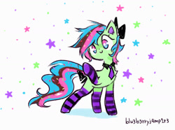 Size: 1433x1066 | Tagged: safe, artist:flutterberrypie, oc, oc only, earth pony, pony, bow, clothes, female, hair bow, mare, necktie, ponysona, signature, simple background, socks, solo, stars, striped socks, tail, tail bow, waving, waving at you, white background