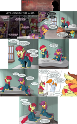 Size: 2562x4116 | Tagged: safe, artist:redheadfly, apple bloom, applejack, lightning dust, scootaloo, pony, comic:dps, tumblr:ask-adultscootaloo, g4, comic, older, self paradox, self ponidox, suitcase