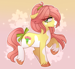 Size: 1892x1740 | Tagged: safe, artist:emera33, posey bloom, earth pony, pony, g5, alternate cutie mark, alternate design, alternate hairstyle, bow, coat markings, eye clipping through hair, female, floppy ears, gradient background, lidded eyes, loose hair, mare, older posey bloom, redesign, solo, standing on two hooves, tail, tail bow, unshorn fetlocks