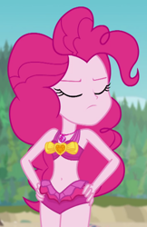 Size: 680x1049 | Tagged: safe, edit, edited screencap, screencap, pinkie pie, equestria girls, equestria girls specials, g4, my little pony equestria girls: better together, my little pony equestria girls: forgotten friendship, adorasexy, bare shoulders, belly, belly button, bikini, clothes, cropped, cute, female, geode of sugar bombs, hand on hip, magical geodes, midriff, one-piece swimsuit, pinkie pie swimsuit, sexy, sleeveless, solo, swimsuit