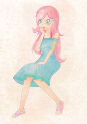 Size: 2480x3508 | Tagged: safe, artist:dorothealicebiu, fluttershy, human, g4, :o, abstract background, clothes, dress, hand on mouth, humanized, open mouth, shoes, solo