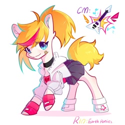 Size: 1024x1024 | Tagged: safe, artist:horeyearth, earth pony, pony, bandaid on cheek, clothes, cutie mark, female, jacket, mare, muse dash, ponified, reference sheet, rin (muse dash), shoes, simple background, skirt, smiling, solo, text, white background