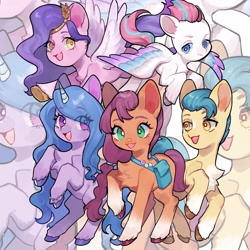 Size: 2500x2500 | Tagged: safe, artist:puzi, hitch trailblazer, izzy moonbow, pipp petals, sunny starscout, zipp storm, earth pony, pegasus, pony, unicorn, g5, adorapipp, adorazipp, badge, bag, blaze (coat marking), bracelet, chest fluff, coat markings, cute, facial markings, female, flying, high res, hitchbetes, horn, izzybetes, jewelry, male, mane five, mare, open mouth, pale belly, raised hoof, smiling, socks (coat markings), spread wings, stallion, sunnybetes, unshorn fetlocks, wings