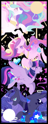 Size: 1570x4061 | Tagged: safe, artist:ssssssuperange, princess cadance, princess celestia, princess luna, twilight sparkle, alicorn, pony, g4, abstract background, female, mare, passepartout, royal sisters, siblings, sisters, twilight sparkle (alicorn)