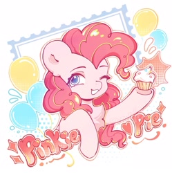 Size: 2089x2099 | Tagged: safe, artist:acha4753, pinkie pie, earth pony, pony, g4, abstract background, balloon, bust, character name, chest fluff, cupcake, female, food, grin, looking at you, mare, one eye closed, portrait, sample, smiling, solo, text, wink