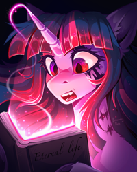 Size: 2169x2718 | Tagged: safe, artist:buvanybu, twilight sparkle, undead, unicorn, vampire, vampony, g4, book, female, glowing, horn, magic, mare, open mouth, slit pupils, solo