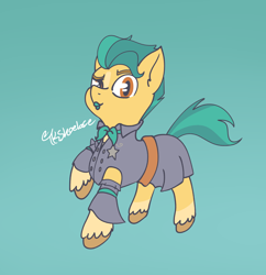 Size: 3102x3199 | Tagged: safe, artist:tkshoelace, hitch trailblazer, earth pony, pony, g5, belt, blue background, clothes, crossdressing, detached sleeves, dress, femboy, lipstick, male, raised leg, sheriff's badge, simple background, solo, stallion, unshorn fetlocks