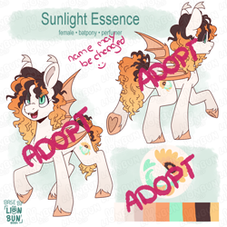 Size: 2000x2000 | Tagged: safe, artist:lionbun, oc, oc:sunlight essence, bat pony, adoptable, auction, bat pony oc, character design, cute, cutie mark, female, mare, reference sheet