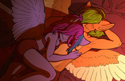 Size: 3840x2510 | Tagged: safe, artist:coreboot, oc, oc only, oc:angley, oc:emerald stonesetter, pegasus, anthro, bra, clothes, commission, couple, eyes closed, lying down, on back, on side, shorts, snuggling, spread wings, underwear, wings