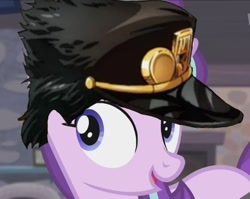 Size: 565x449 | Tagged: safe, edit, edited screencap, editor:rainmoonss, screencap, starlight glimmer, g4, captain hat, female, hat, jojo reference, jojo's bizarre adventure, jotaro kujo, mare, smiling