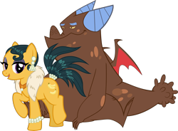 Size: 5820x4289 | Tagged: safe, artist:cheezedoodle96, artist:thesharp0ne, edit, vector edit, cleopatra jazz, clump, dragon, earth pony, pony, dragon quest, dungeons and discords, g4, .svg available, absurd resolution, bhm, bracelet, crack shipping, duo, duo male and female, ear piercing, earring, eyeshadow, fat, feather boa, female, fur scarf, jewelry, larger male, lidded eyes, looking at you, makeup, male, mare, necklace, pearl, physique difference, piercing, raised hoof, ship:clumpatra, shipping, simple background, smaller female, smiling, straight, tail, tail wrap, teenaged dragon, transparent background, vector