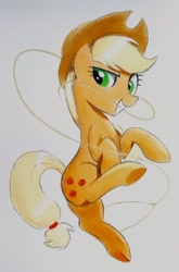 Size: 2025x3063 | Tagged: safe, artist:mizhisha, applejack, earth pony, pony, g4, cowboy hat, female, hat, lasso, mare, mouth hold, rope, simple background, solo, traditional art, white background