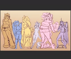 Size: 1296x1070 | Tagged: safe, artist:unfinishedheckery, applejack, fluttershy, pinkie pie, rainbow dash, rarity, twilight sparkle, alicorn, earth pony, pegasus, unicorn, anthro, unguligrade anthro, g4, arm behind head, armpits, belly, belly button, breasts, busty pinkie pie, cleavage, clothes, colored sketch, denim, dress, gradient background, height difference, horn, jeans, mane six, open mouth, pants, shirt, shorts, sketch