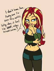 Size: 1061x1400 | Tagged: safe, artist:peel_a_na, sunset shimmer, human, equestria girls, g4, alternate clothes, beige background, clothes, clothes swap, cosplay, costume, dialogue, english, female, gwen (total drama), hand on chin, implied anon, simple background, solo, text, total drama, total drama island, unamused