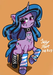 Size: 1240x1754 | Tagged: safe, artist:jully-park, izzy moonbow, pony, unicorn, g5, boots, chest fluff, choker, clothes, ear piercing, earring, female, goth, goth izzy, horn, jewelry, leg warmers, mare, necklace, piercing, shoes, solo, unamused