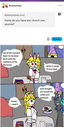 Size: 1173x2334 | Tagged: safe, artist:ask-luciavampire, oc, oc:meria, changeling, pony, undead, vampire, vampony, ask, changeling oc, coffee, crushing, food, sandwich, tumblr, writing