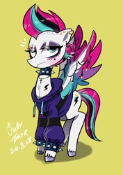 Size: 1240x1754 | Tagged: safe, artist:jully-park, zipp storm, pegasus, pony, g5, choker, clothes, ear piercing, earring, female, goth, goth zipp, hoodie, jewelry, lidded eyes, looking at you, mare, piercing, simple background, solo, spiked choker, spiked wristband, spread wings, unamused, wing jewelry, wings, wristband, yellow background