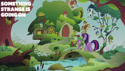 Size: 2000x1125 | Tagged: safe, edit, edited screencap, editor:quoterific, screencap, spike, twilight sparkle, dragon, pony, unicorn, g4, magical mystery cure, season 3, bird house, bridge, duo, duo male and female, female, fluttershy's cottage, horn, male, mare, river, stream, unicorn twilight, water, wingless spike