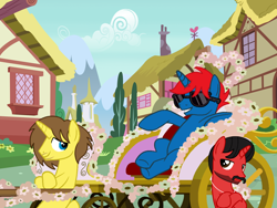 Size: 2048x1536 | Tagged: safe, artist:ry-bluepony1, oc, oc only, oc:grapefruit face, oc:mickey motion, oc:train track, g4, horn, male, mane, ponyville, stallion, sunglasses, tail, trio, trio male