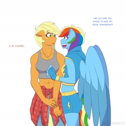 Size: 1948x1948 | Tagged: safe, artist:shallowwin, applejack, rainbow dash, earth pony, pegasus, anthro, g4, dialogue, duo, duo female, female, girlfriend, heart, lesbian, love, mare, ship:appledash, shipping, simple background, white background, wings