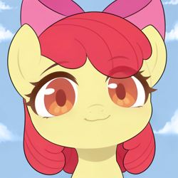 Size: 2048x2048 | Tagged: safe, ai assisted, ai content, apple bloom, earth pony, pony, g4, :3, adorabloom, bust, chibi, cloud, cute, female, filly, foal, looking at you, mutsuki face, portrait, sky, sky background, solo