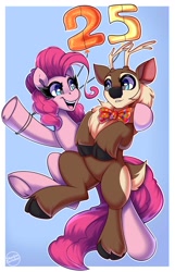 Size: 2000x3100 | Tagged: safe, artist:shadowreindeer, pinkie pie, oc, oc:kevin reindeer, deer, pony, reindeer, g4, balloon, birthday, friendshipping, happy birthday