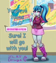 Size: 2586x2891 | Tagged: safe, artist:zlatdesign, derpibooru exclusive, sonata dusk, rainbow rocks 10th anniversary, equestria girls, g4, boots, bronybait, clothes, cute, female, food, gem, miniskirt, pigeon toed, shoes, siren gem, skirt, sonatabetes, sonataco, taco, taco tuesday, text, that girl sure loves tacos, that siren sure does love tacos