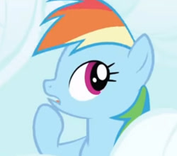 Size: 524x461 | Tagged: safe, screencap, rainbow dash, pegasus, pony, friendship is magic, g4, bust, cloud, cropped, female, mare, open mouth, sky, solo