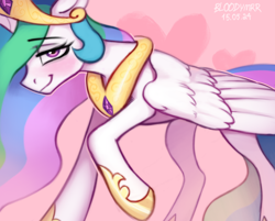 Size: 3934x3162 | Tagged: safe, artist:bloodymrr, princess celestia, alicorn, pony, g4, alternate universe, blushing, concave belly, crown, ears back, eye clipping through hair, eyebrows, eyebrows visible through hair, female, head down, heart, hoof shoes, jewelry, lidded eyes, looking at you, partially open wings, peytral, princess shoes, raised hoof, regalia, simple background, slender, smiling, smiling at you, solo, thin, wings