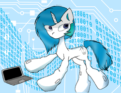 Size: 2463x1891 | Tagged: safe, artist:npcmoding, oc, oc only, oc:compushka, pony, abstract background, belarus, binary, blue mane, circuit board, compushka, compushka.by, computer, concave belly, female, laptop computer, mare, patterned background, solo, technology, white pony